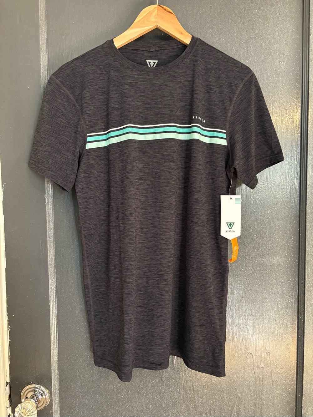 VISSLA Black Heather Tee with Mint Chest Stripes